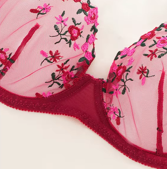 Luxury Rose Embroidered Sheer Bra & Thong Set