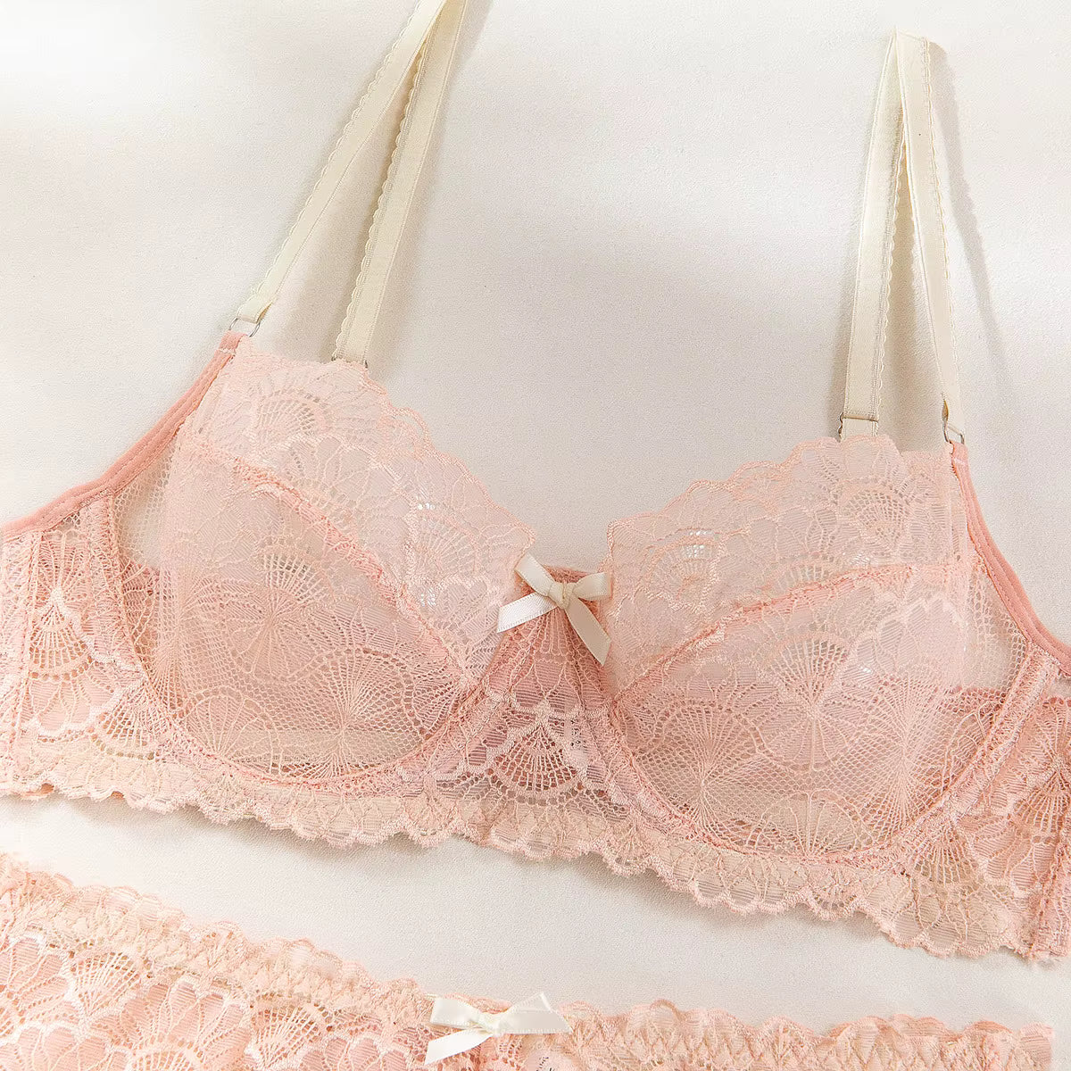 Luxury Embroidered Sheer Bra & Thong Set in Satin Brown