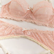 Luxury Embroidered Sheer Bra & Thong Set in Satin Brown