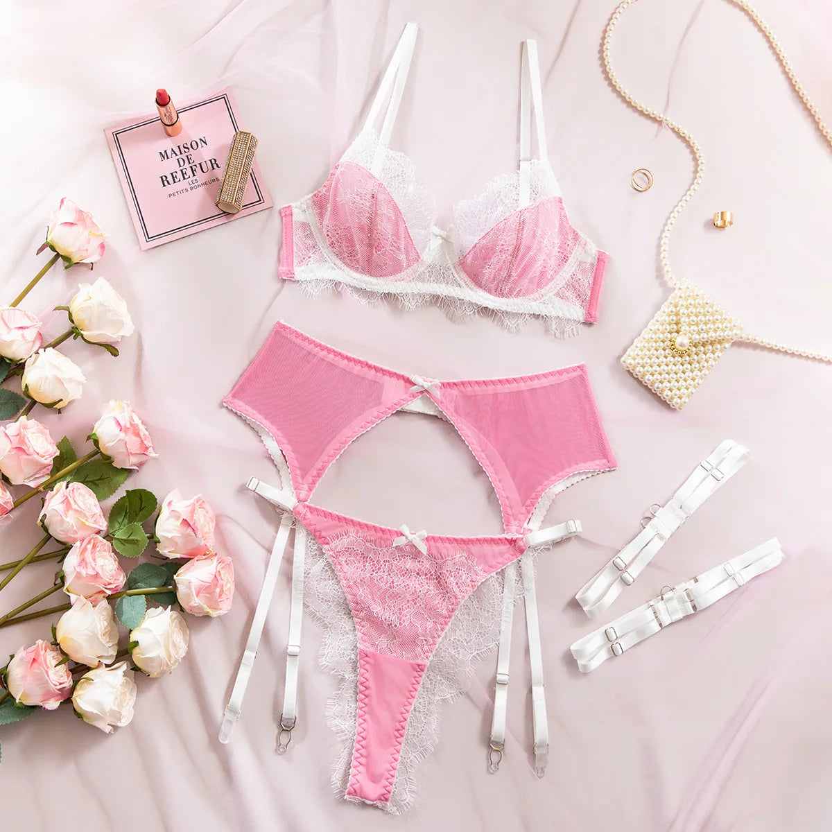 Luxury Sheer Embroidered Bra & Garter Lingerie Set