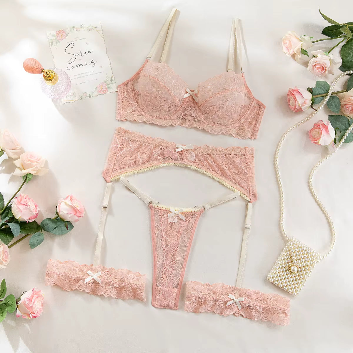 Luxury Embroidered Sheer Bra & Thong Set in Satin Brown