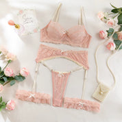 Luxury Embroidered Sheer Bra & Thong Set in Satin Brown