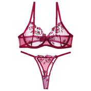 Luxury Rose Embroidered Sheer Bra & Thong Set