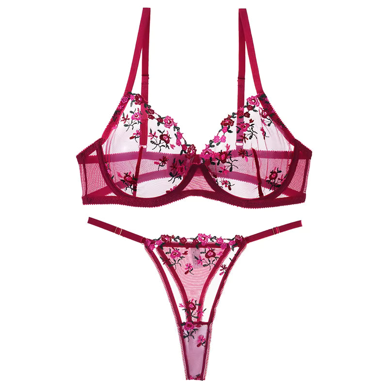 Luxury Rose Embroidered Sheer Bra & Thong Set