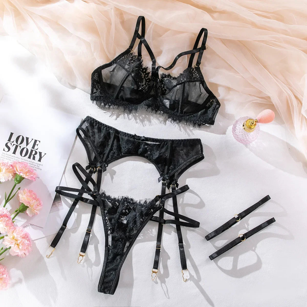 Midnight Lace Garter Lingerie Set