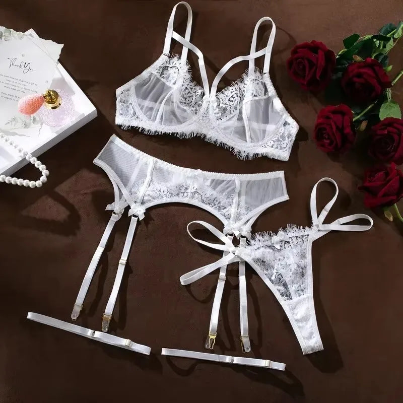 Elegant Sheer Lace Bra & Garter Lingerie Set