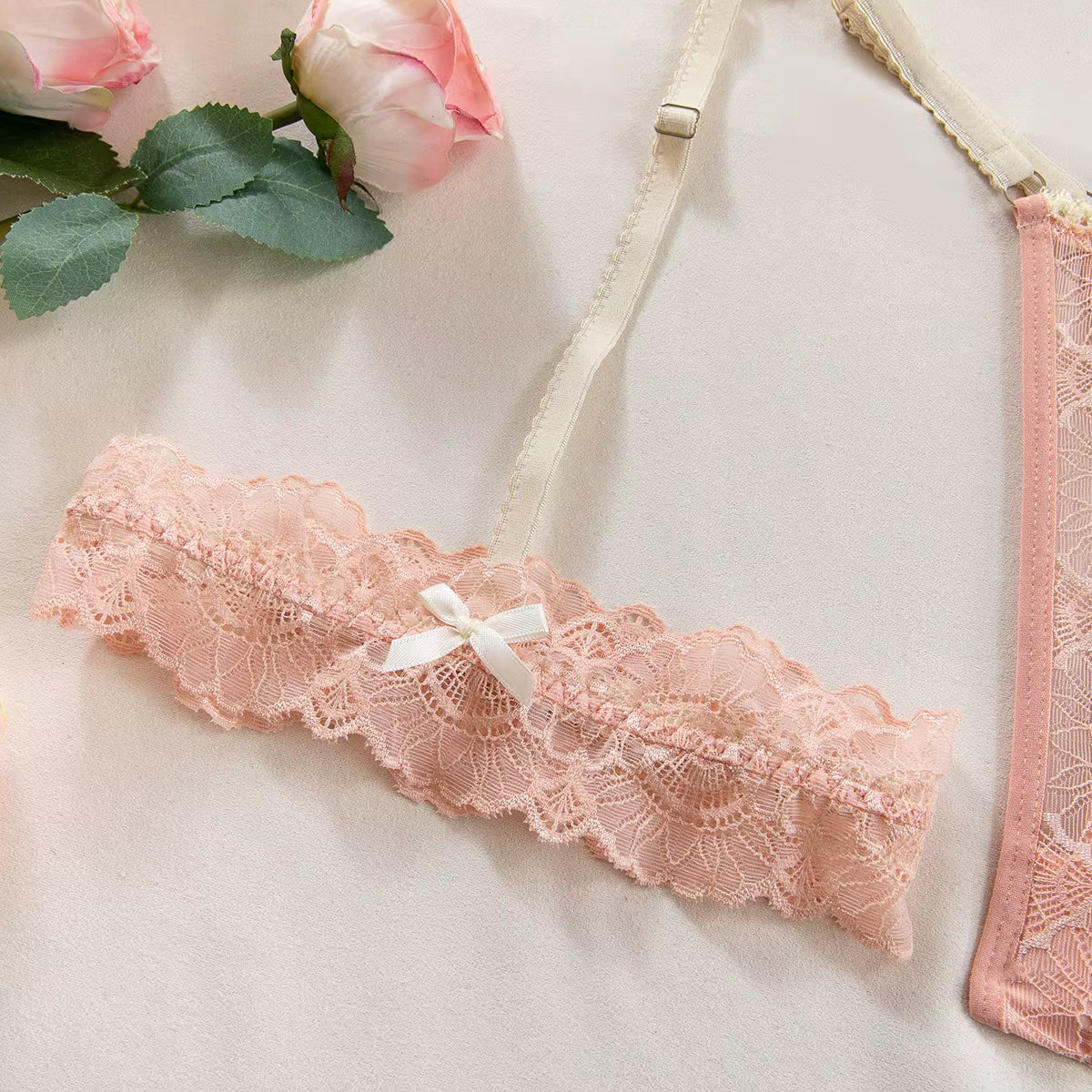 Luxury Embroidered Sheer Bra & Thong Set in Satin Brown