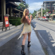 Noirvana Lace-Trim Asymmetric Mini Dress